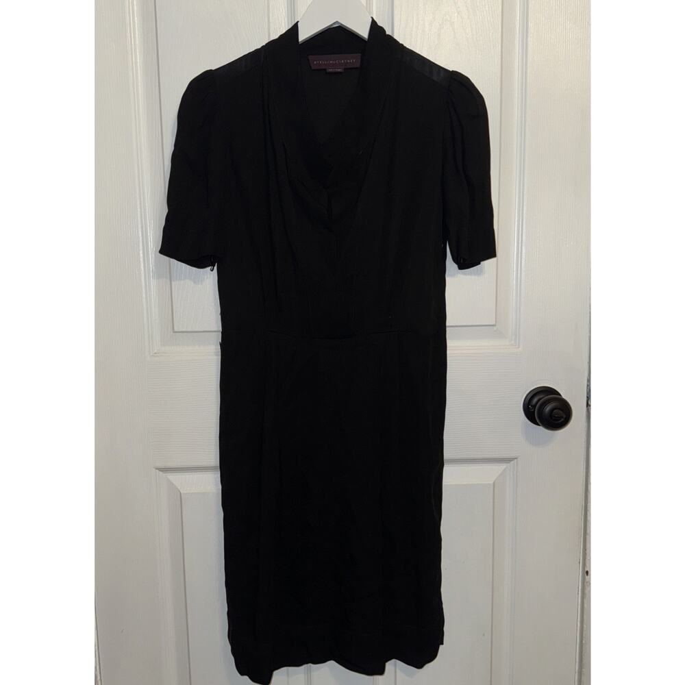 Stella McCartney Black Mini Dress Pleat Front V Neck Size 38 Short Sleeve